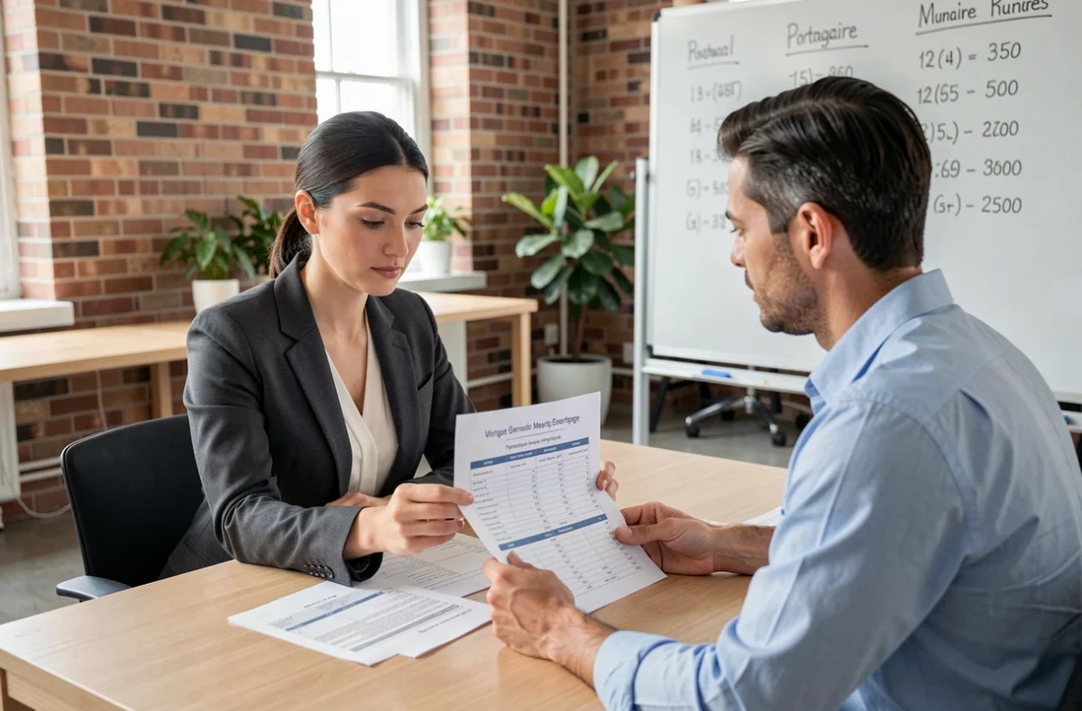 Conseillère de 2L Courtage analysant un dossier de financement immobilier avec un client dans un espace de travail moderne