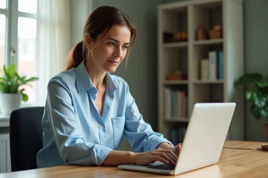 Femme consultant son espace bancaire en ligne Crédit Agricole sur un ordinateur portable depuis son bureau à domicile