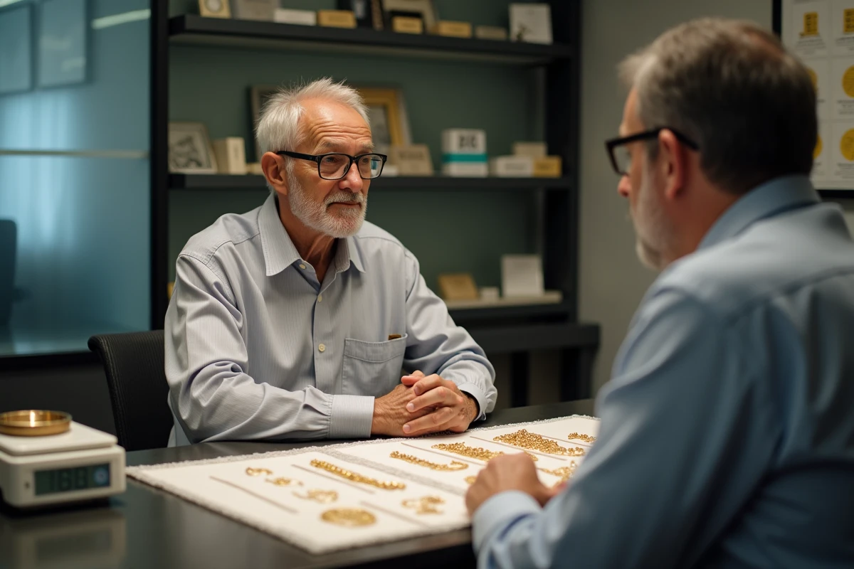 Client discutant du prix de rachat de bijoux en or 9 carats chez un acheteur professionnel