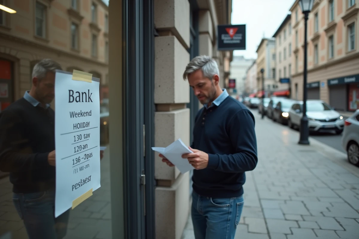 Homme devant une agence bancaire fermée le week-end lisant les horaires d'ouverture affichés sur la porte vitrée