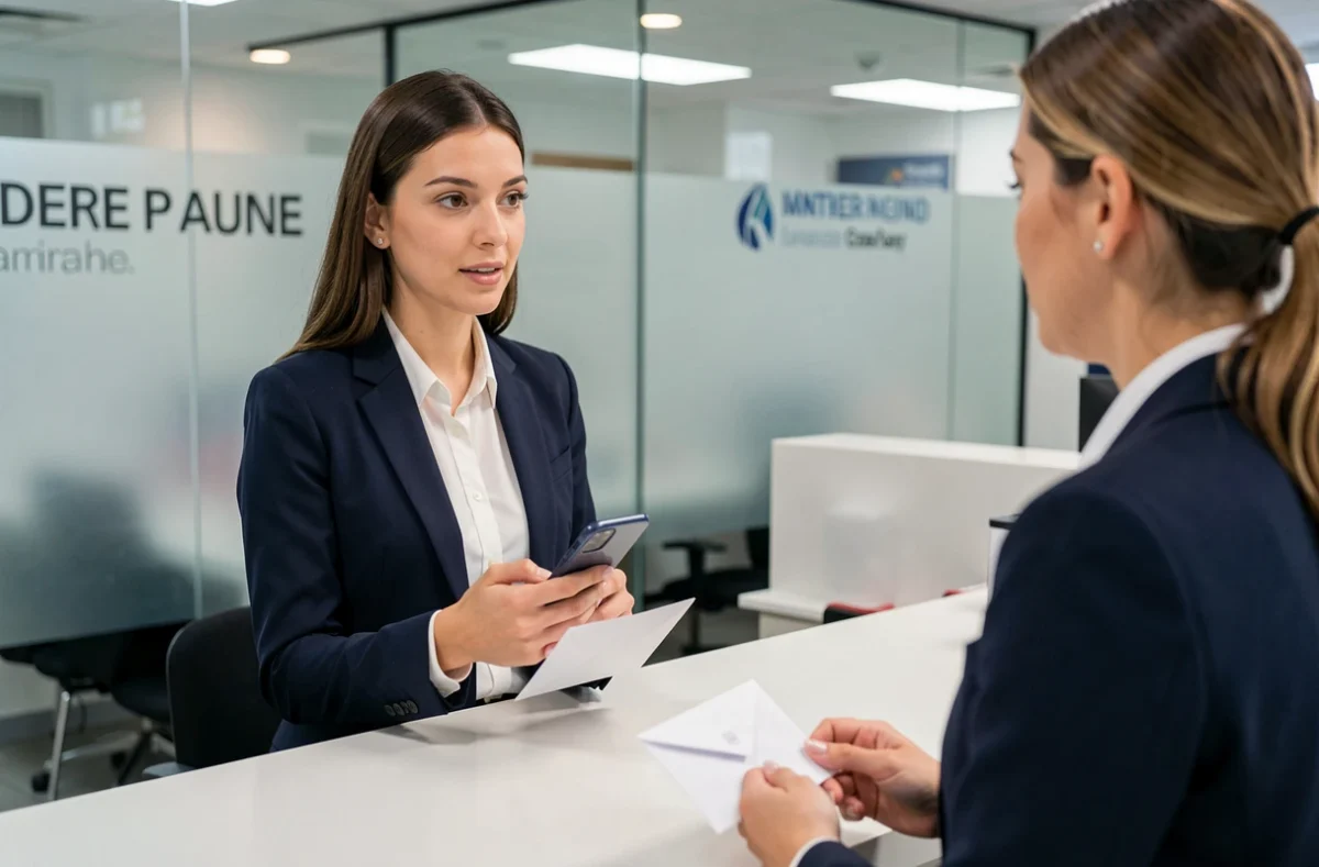 Jeune femme demandant la réinitialisation de son code confidentiel Cacentrefrance en agence bancaire