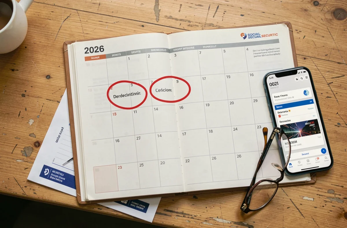 Agenda 2026 avec dates de paiement de pension d'invalidité entourées et courrier de la Sécurité sociale