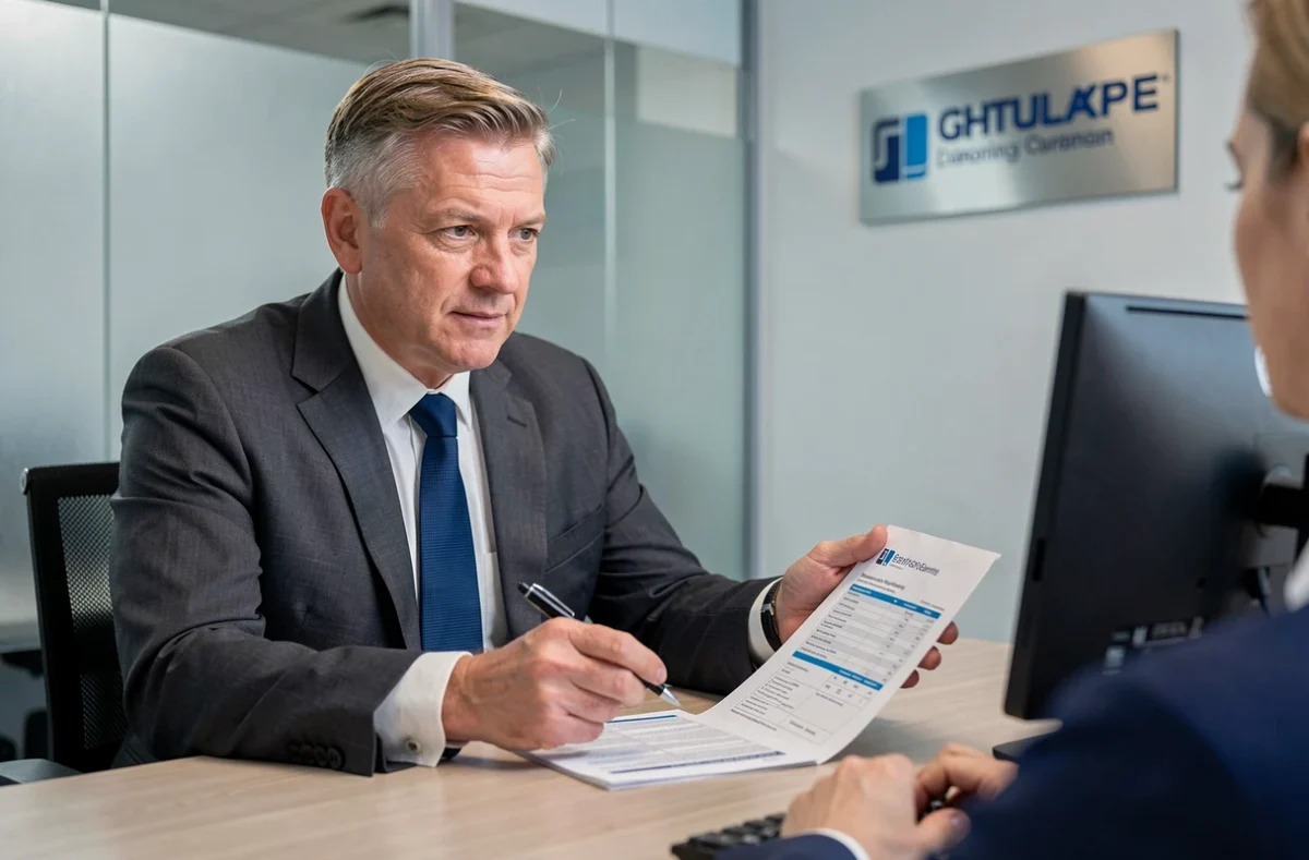 Agent d'assurance expliquant les conditions de franchise auto à un client dans un bureau professionnel
