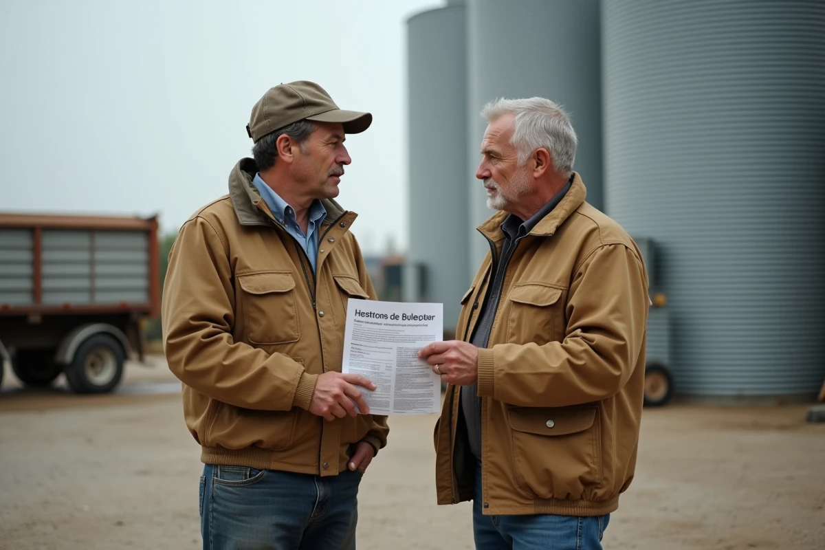 Deux agriculteurs discutant du prix du quintal de blé fermage 2026 devant un silos de stockage de céréales dans une coopérative agricole française
