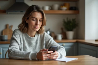 Femme ajoutant un bénéficiaire sur l'application mobile Crédit Agricole Vendée depuis sa cuisine