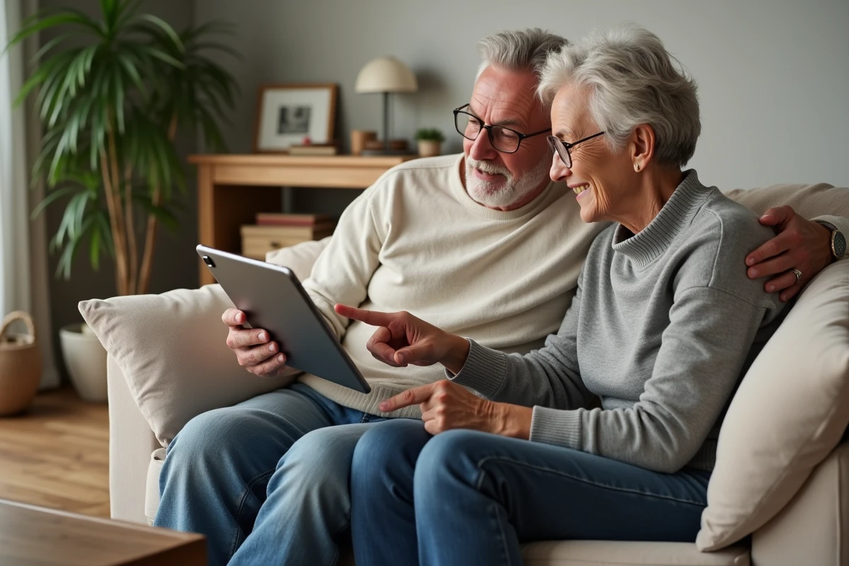 Couple consultant l'espace client Crédit Agricole Vendée sur une tablette pour ajouter un bénéficiaire de virement