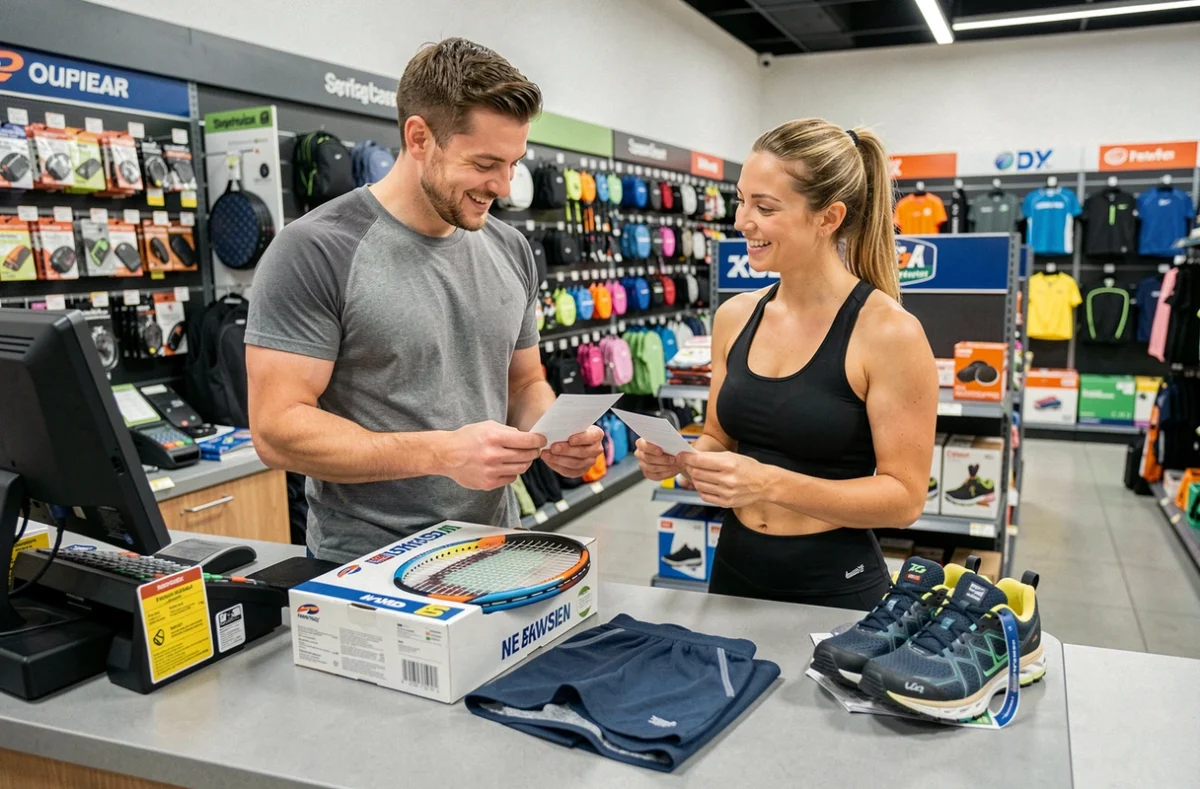 Deux amis au comptoir d'un magasin de sport récupérant leur achat payé en plusieurs fois