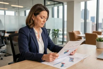 Femme cadre financière analysant les rapports de performance d'une SCPI dans un bureau moderne