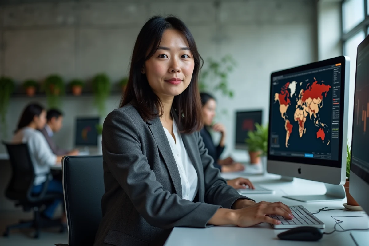 Analyste économique féminine étudiant des données mondiales sur plusieurs écrans dans un bureau de recherche moderne