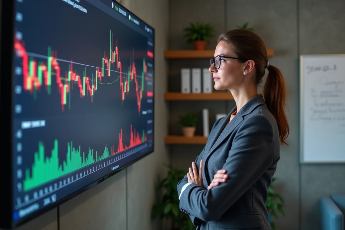 Femme analyste devant un écran de graphiques financiers avec indicateurs d'alerte, vérification avant engagement Perle finance