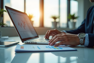 Professionnel analysant graphiques financiers en bureau lumineux