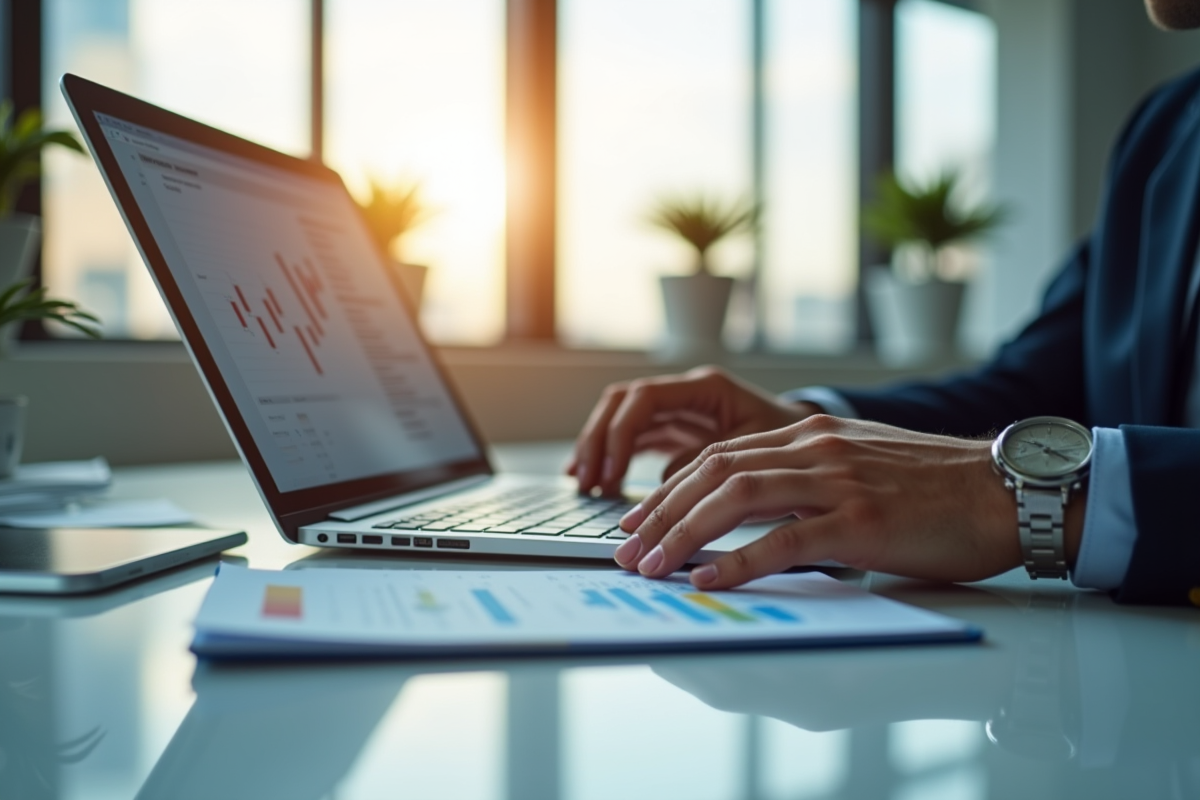 Professionnel analysant graphiques financiers en bureau lumineux