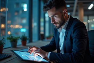 Personne confiante analysant graphiques financiers sur tablette