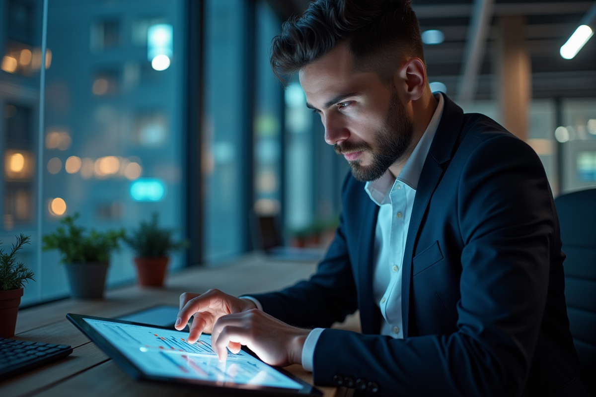 Personne confiante analysant graphiques financiers sur tablette