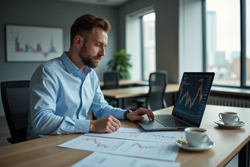 Analyste financier étudiant les variations du taux de change dirham marocain vers euro sur des graphiques imprimés et un écran d'ordinateur portable