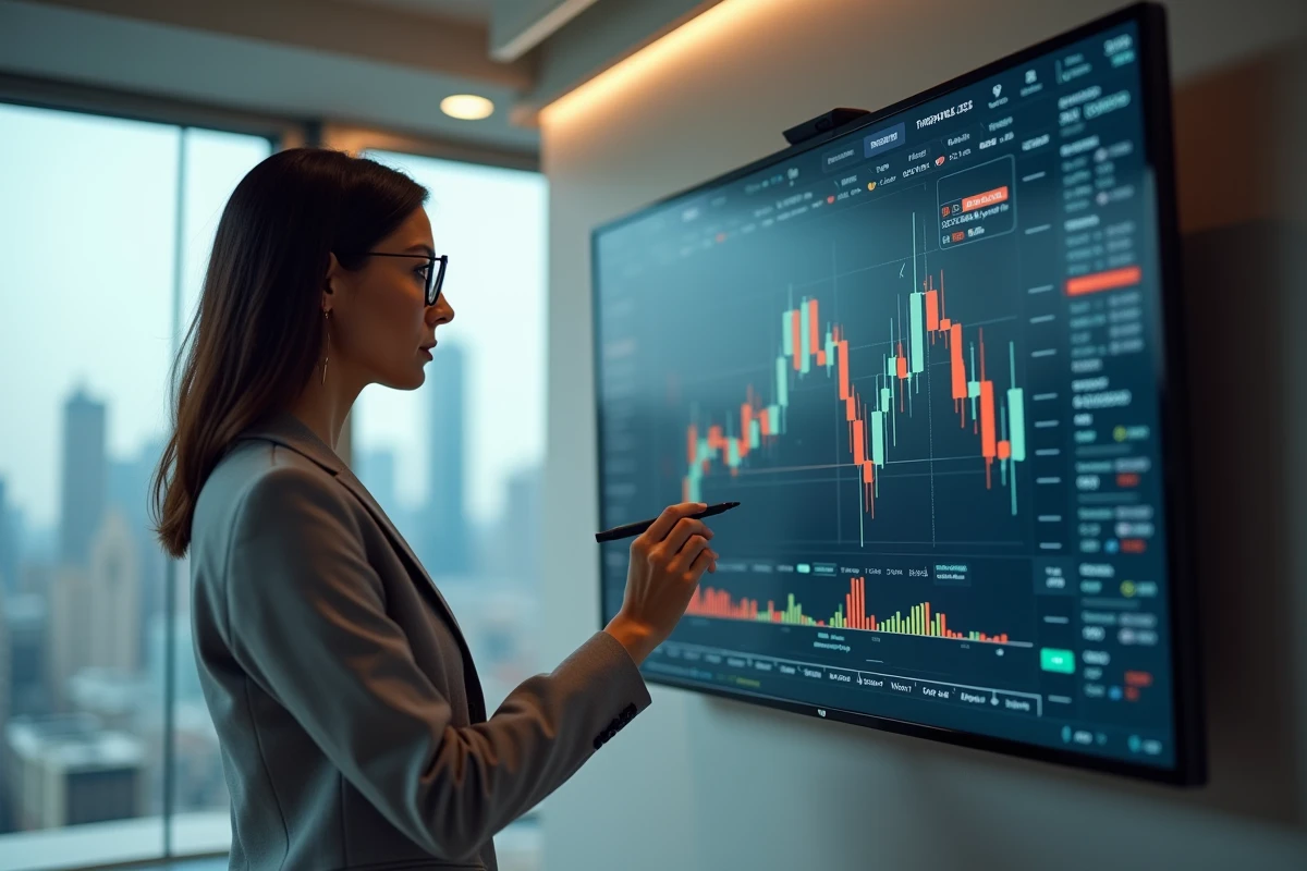 Analyste financière étudiant une stratégie de trading par breakout sur un grand écran mural avec des graphiques forex annotés