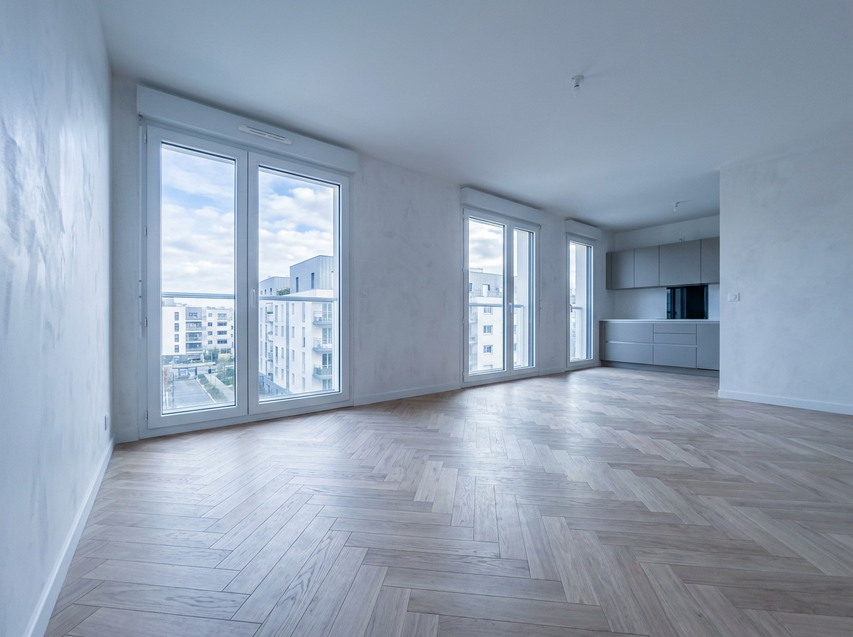 Appartement rénové vide à louer à Rennes avec parquet en bois clair et grandes fenêtres donnant sur un quartier résidentiel moderne