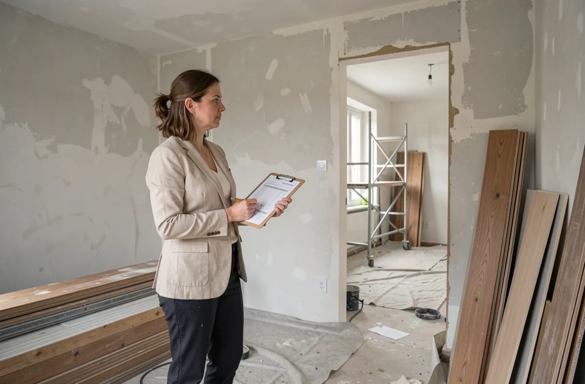 Propriétaire debout dans un appartement en cours de rénovation tenant des formulaires fiscaux et des devis de travaux
