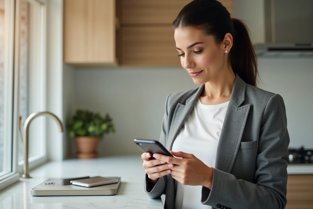 Femme utilisant une application bancaire sur smartphone pour effectuer un virement entre ses propres comptes