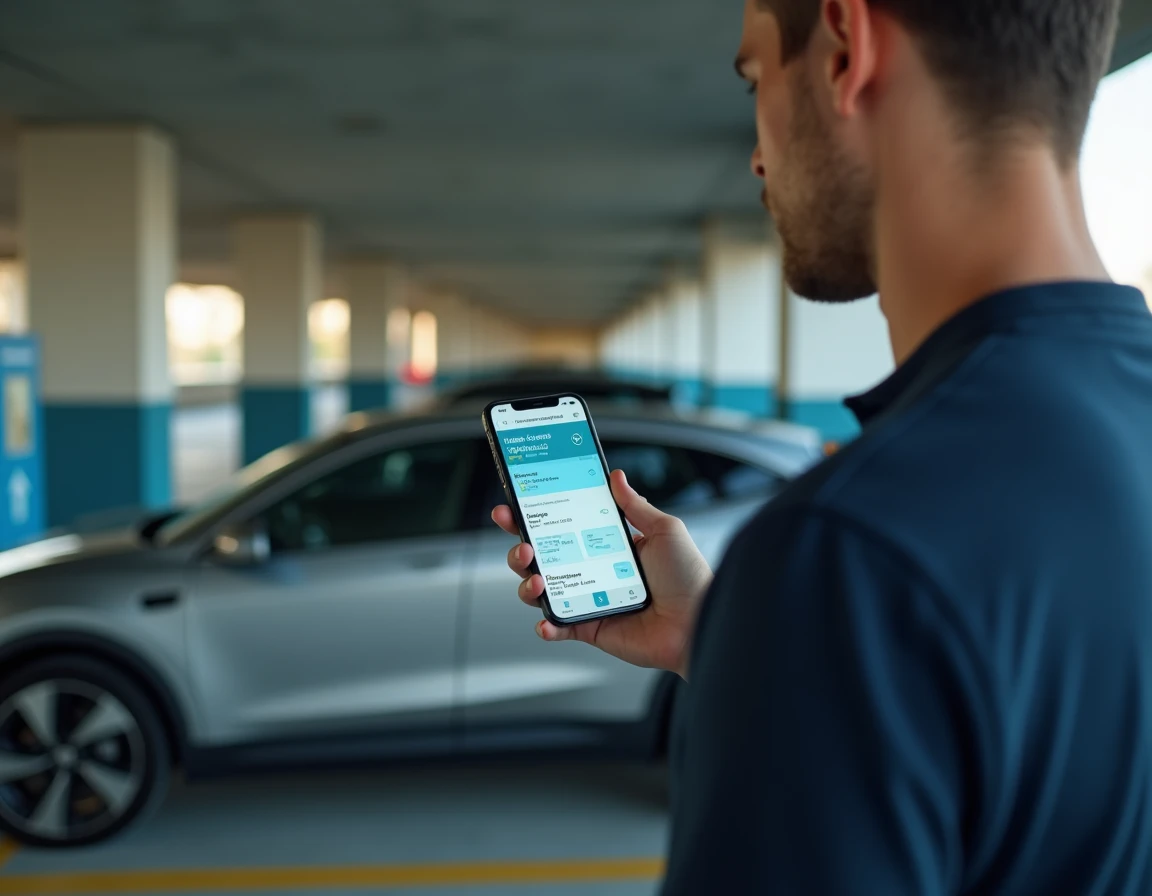 Homme consultant une application de gestion des heures creuses EDF sur smartphone à côté d'un SUV électrique en parking souterrain