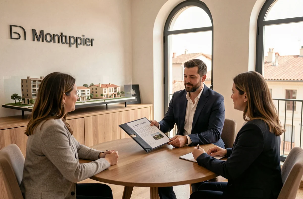 Courtier Artémis Courtage Montpellier présentant une proposition de financement immobilier à des clients dans une agence moderne