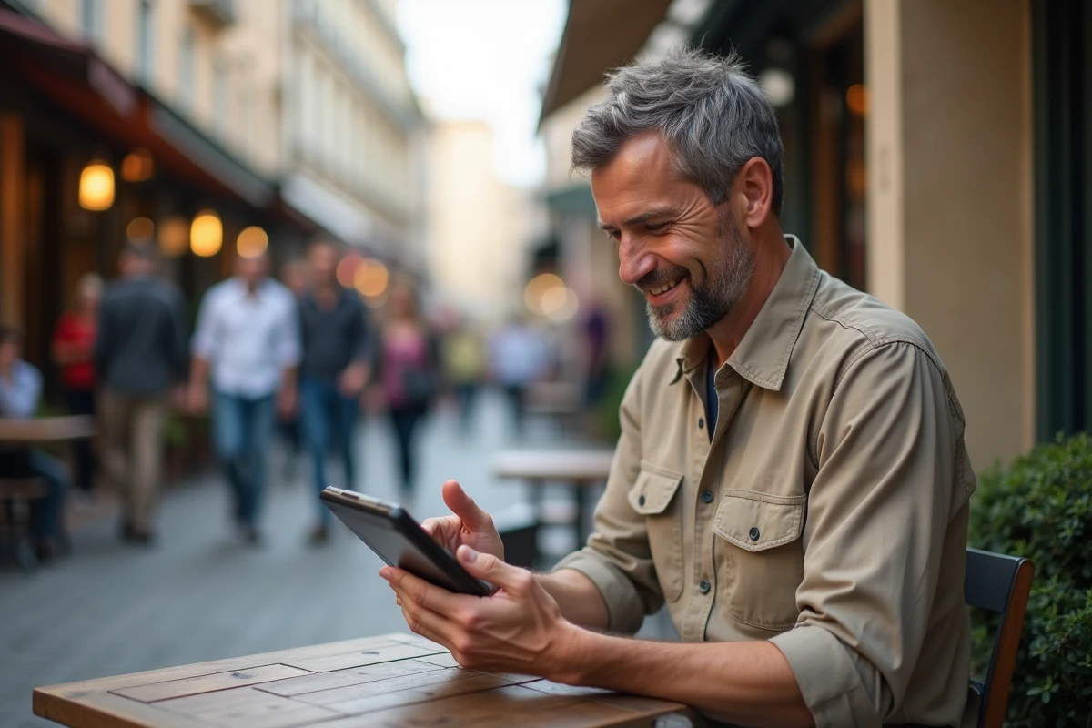 Artisan utilisant une tablette dans un café urbain