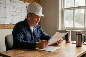 Artisan du bâtiment consultant les documents de son assurance décennale dans un bureau de chantier