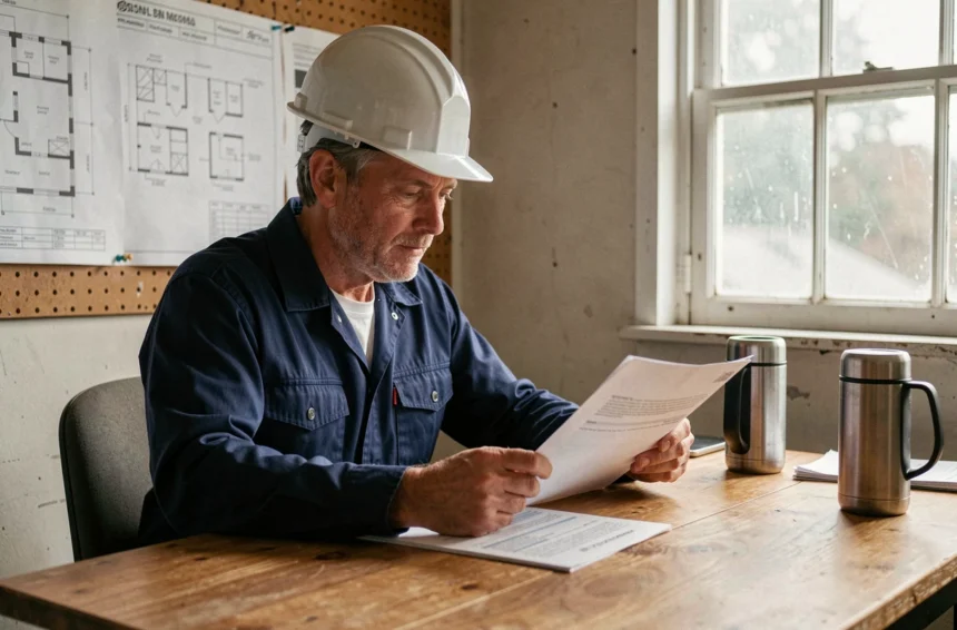 Artisan du bâtiment consultant les documents de son assurance décennale dans un bureau de chantier