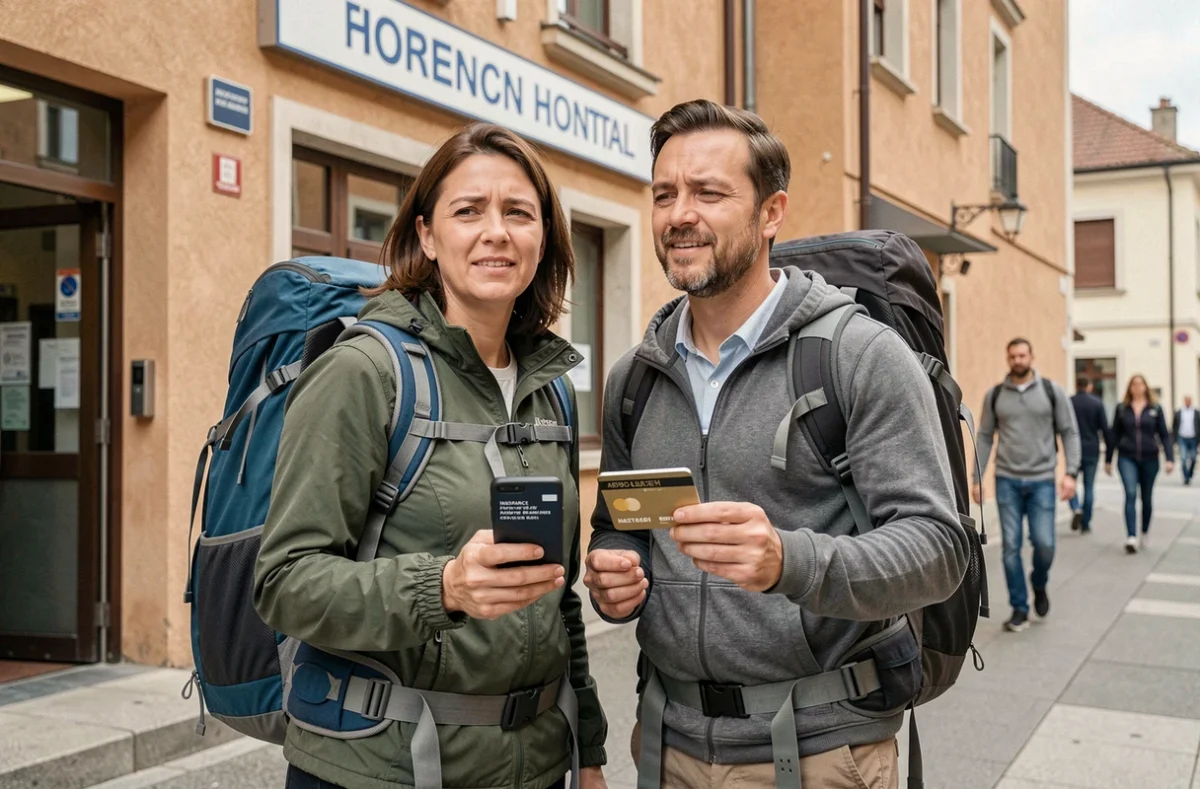 Couple de voyageurs devant un hôpital à l'étranger utilisant l'assistance médicale de leur carte gold Mastercard