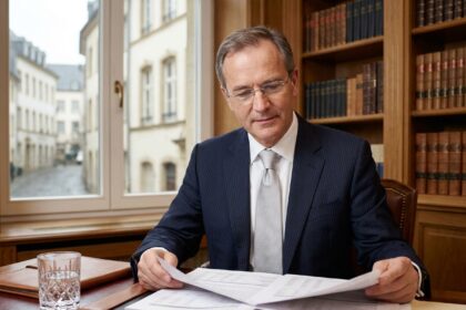 Gestionnaire de patrimoine consultant des documents financiers dans un bureau privé luxueux au Luxembourg
