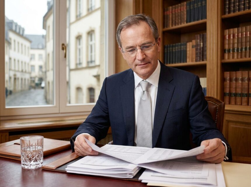 Gestionnaire de patrimoine consultant des documents financiers dans un bureau privé luxueux au Luxembourg