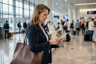 Femme tenant une carte gold Mastercard à un comptoir d'aéroport, illustrant les garanties d'assurance voyage