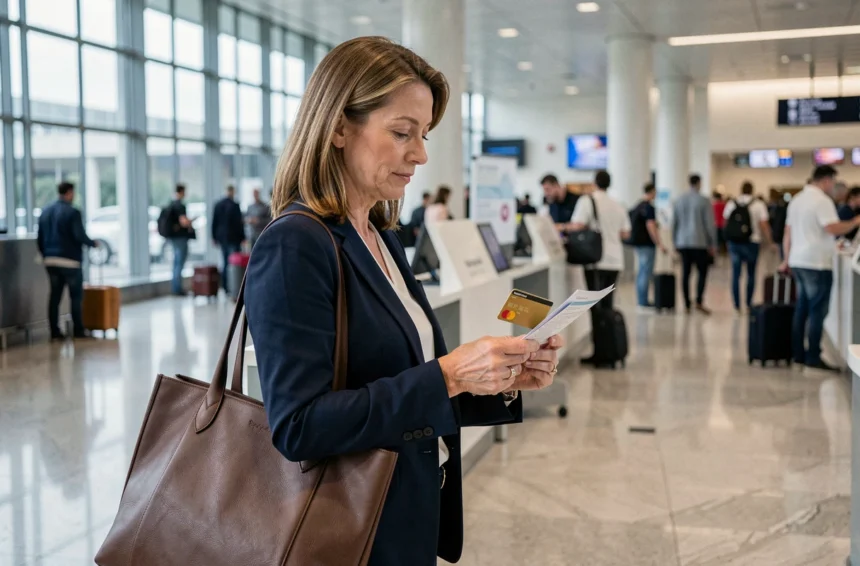 Femme tenant une carte gold Mastercard à un comptoir d'aéroport, illustrant les garanties d'assurance voyage