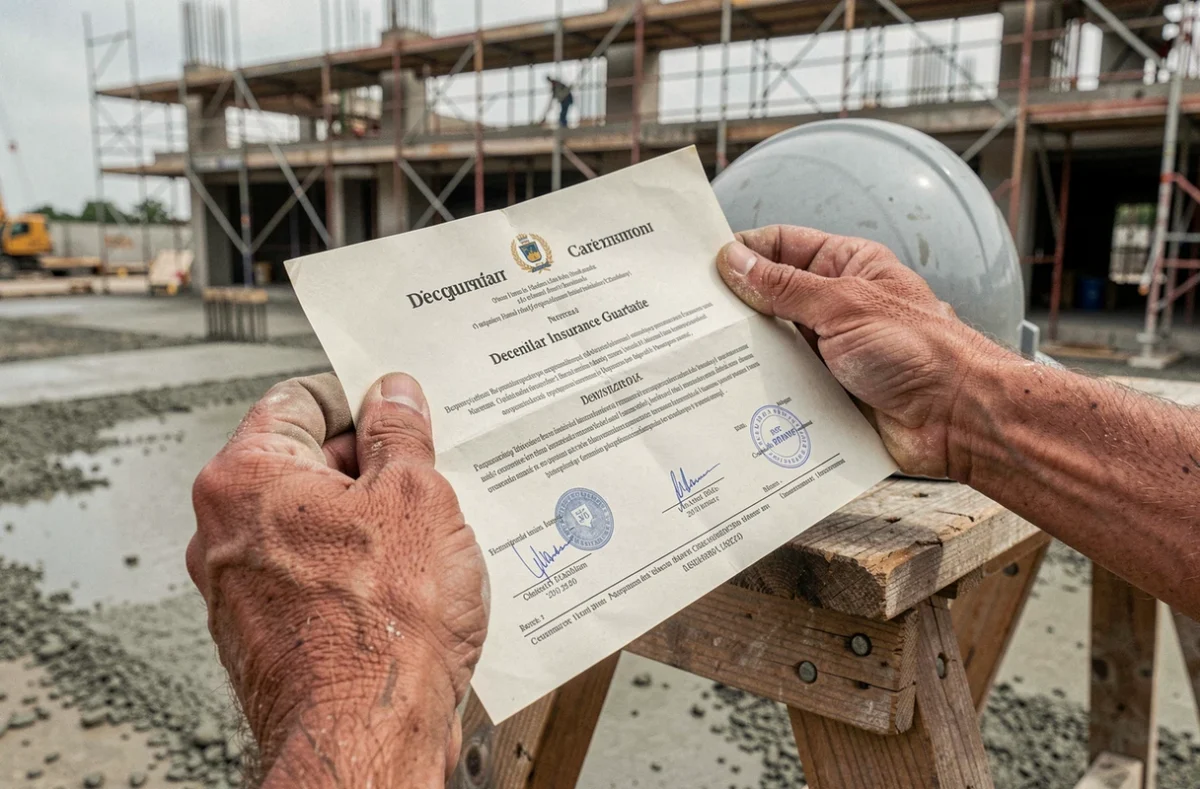 Mains d'un artisan tenant une attestation d'assurance décennale sur un chantier de construction