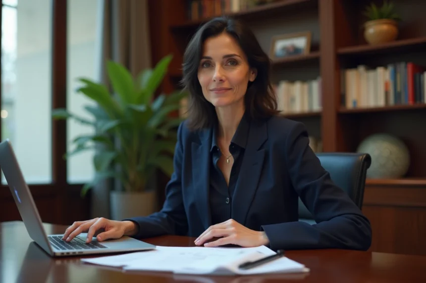Femme journaliste élégante assise à un bureau avec des documents financiers, illustrant la fortune et le patrimoine d'Audrey Crespo-Mara