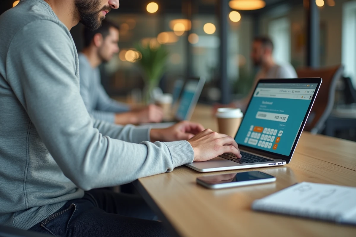 Auto-entrepreneur utilisant un convertisseur HT en TTC sur ordinateur portable en espace de coworking