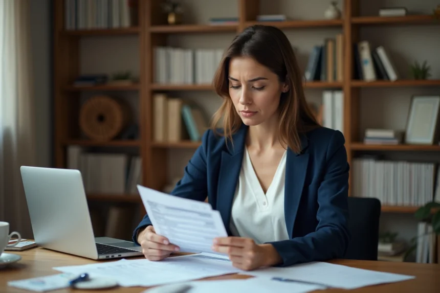 Auto-entrepreneuse consultant une facture HT TTC à son bureau à domicile