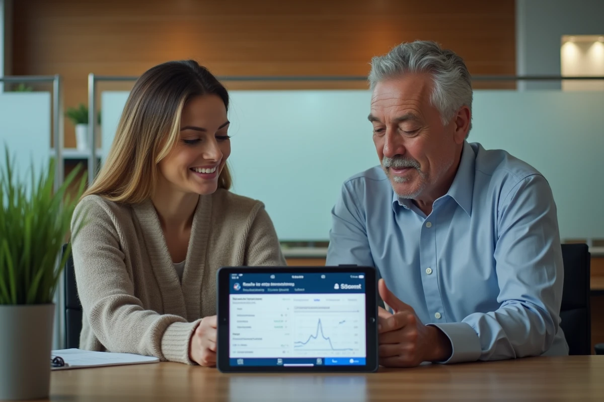 Conseiller bancaire et cliente découvrant les nouvelles fonctionnalités Cyberplus en agence Banque Populaire