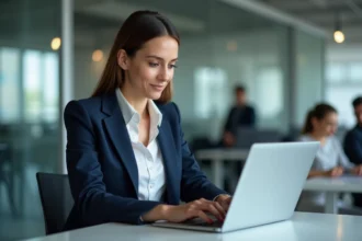 Femme professionnelle utilisant l'interface Cyberplus de la Banque Populaire sur un ordinateur portable au bureau