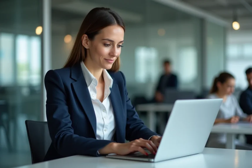 Femme professionnelle utilisant l'interface Cyberplus de la Banque Populaire sur un ordinateur portable au bureau