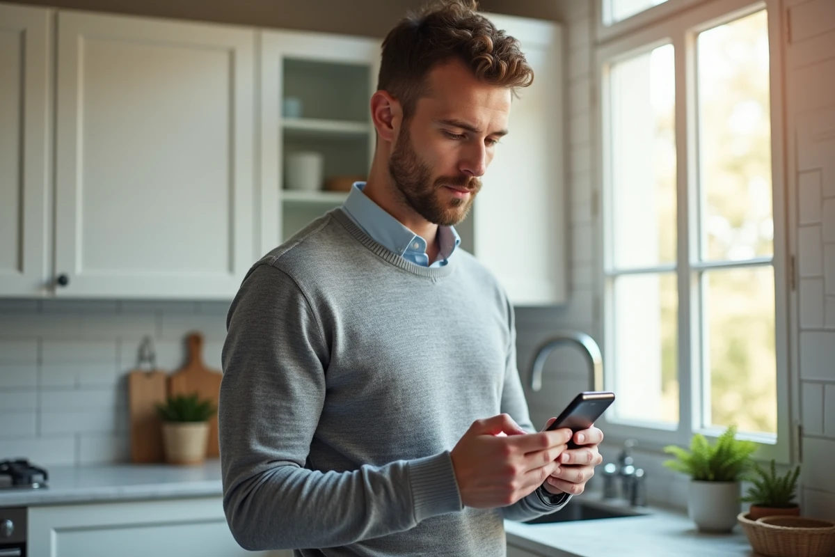 Homme utilisant l'application mobile Cyberplus Banque Populaire depuis son domicile