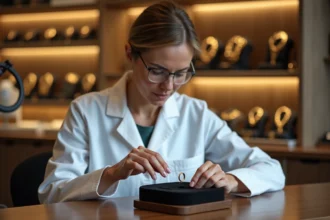 Bijoutière professionnelle évaluant un anneau en or 9 carats sur velours noir dans une bijouterie