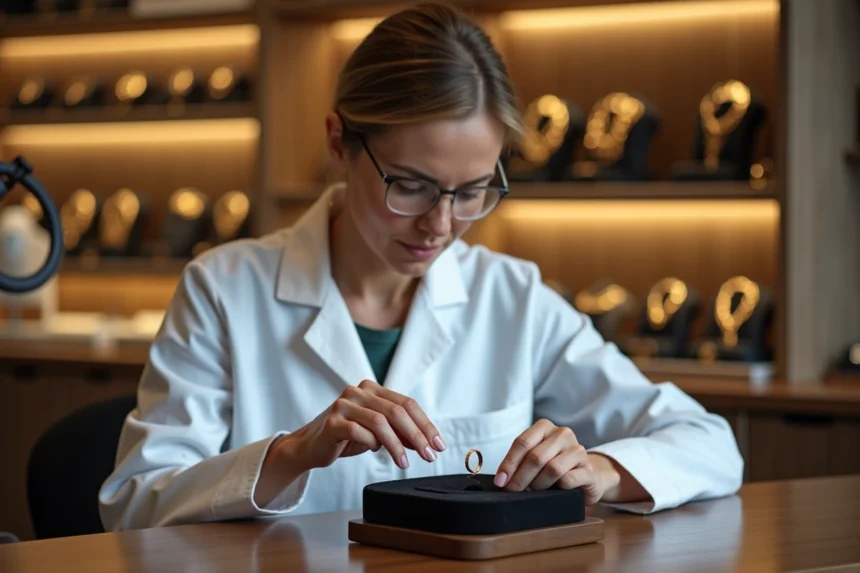 Bijoutière professionnelle évaluant un anneau en or 9 carats sur velours noir dans une bijouterie