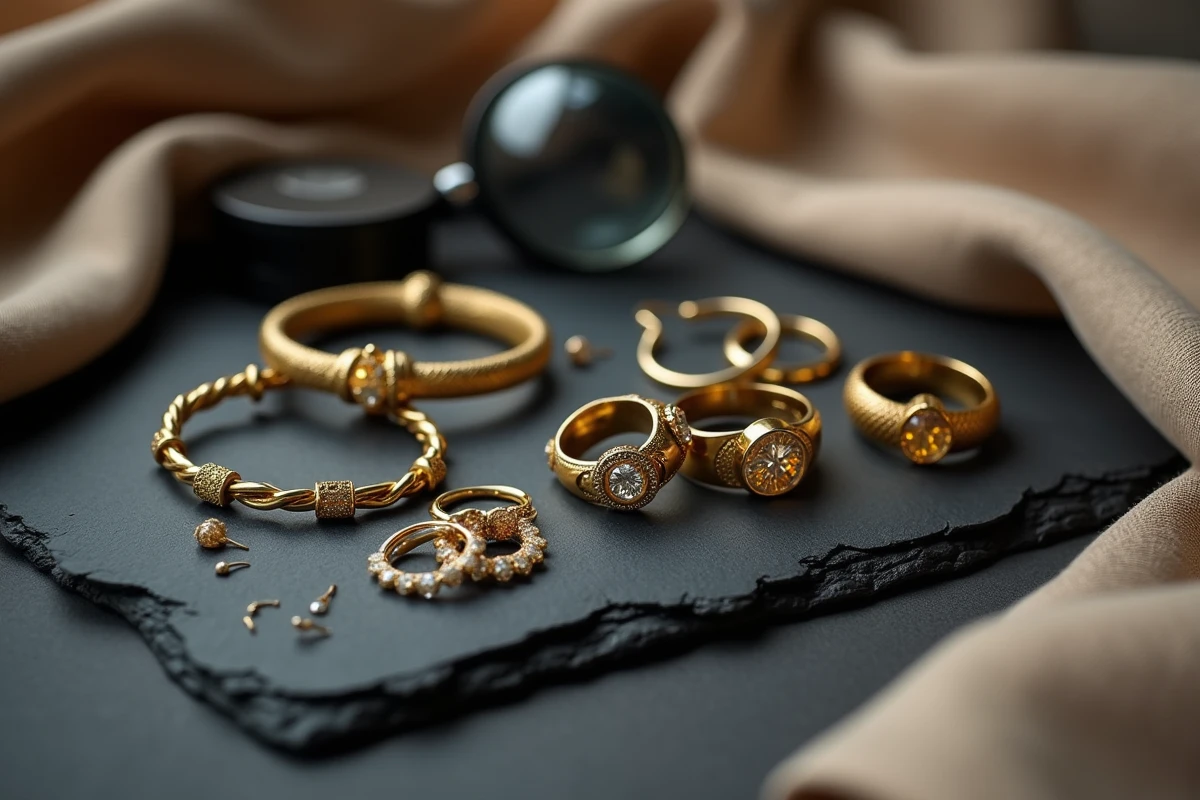 Bijoux en or 9 carats disposés sur ardoise avec loupe et balance pour estimation du prix