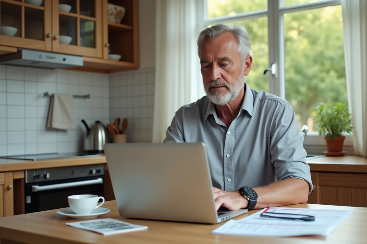 Un homme analyse son budget et un chèque différé Leclerc sur son ordinateur à la maison