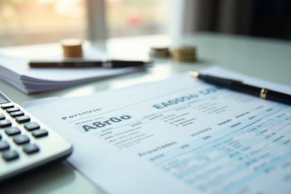 Bureau lumineux avec factures et calculatrice vue de dessus