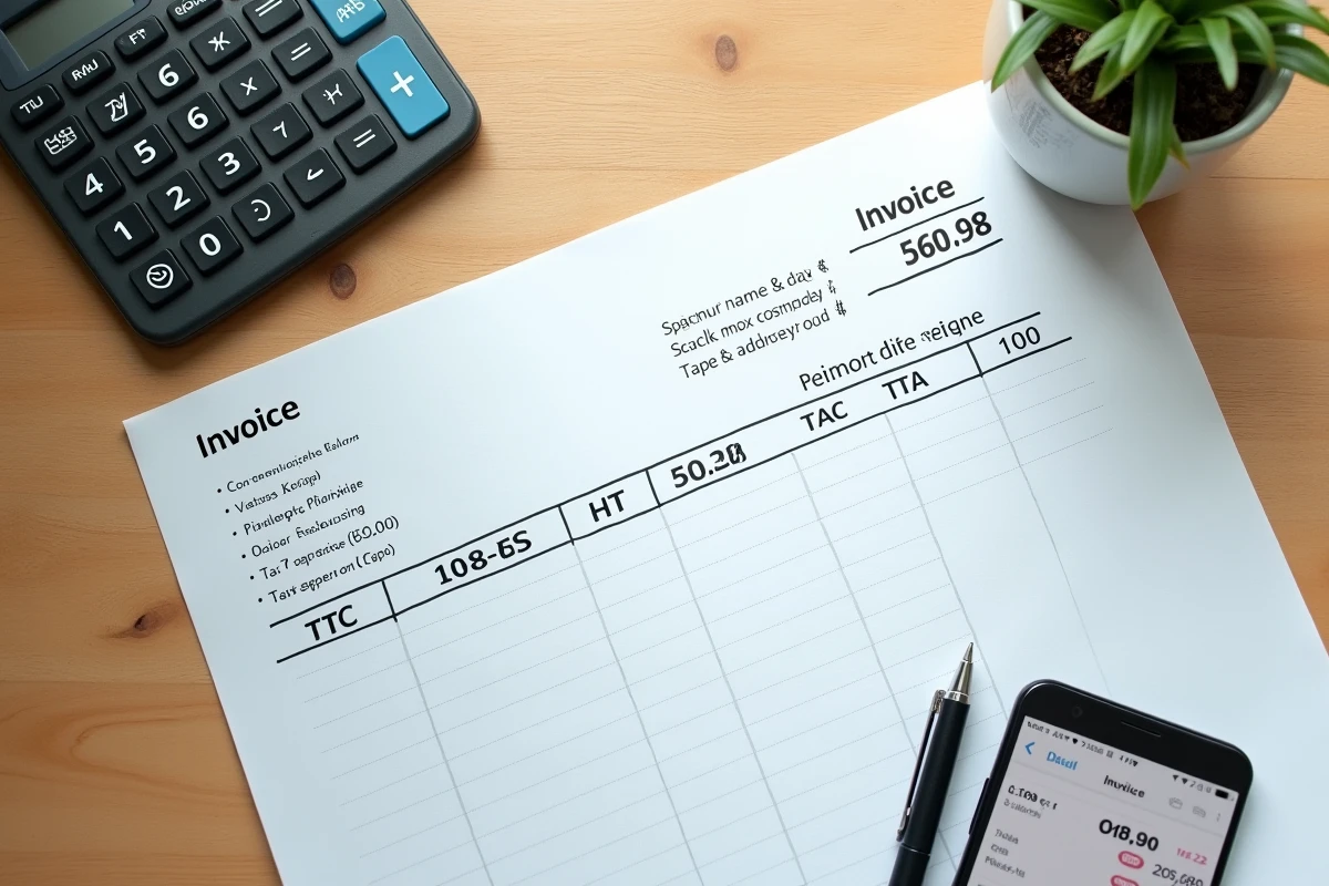Vue de dessus d'un bureau avec facture manuscrite et calcul de conversion HT TTC pour auto-entrepreneur