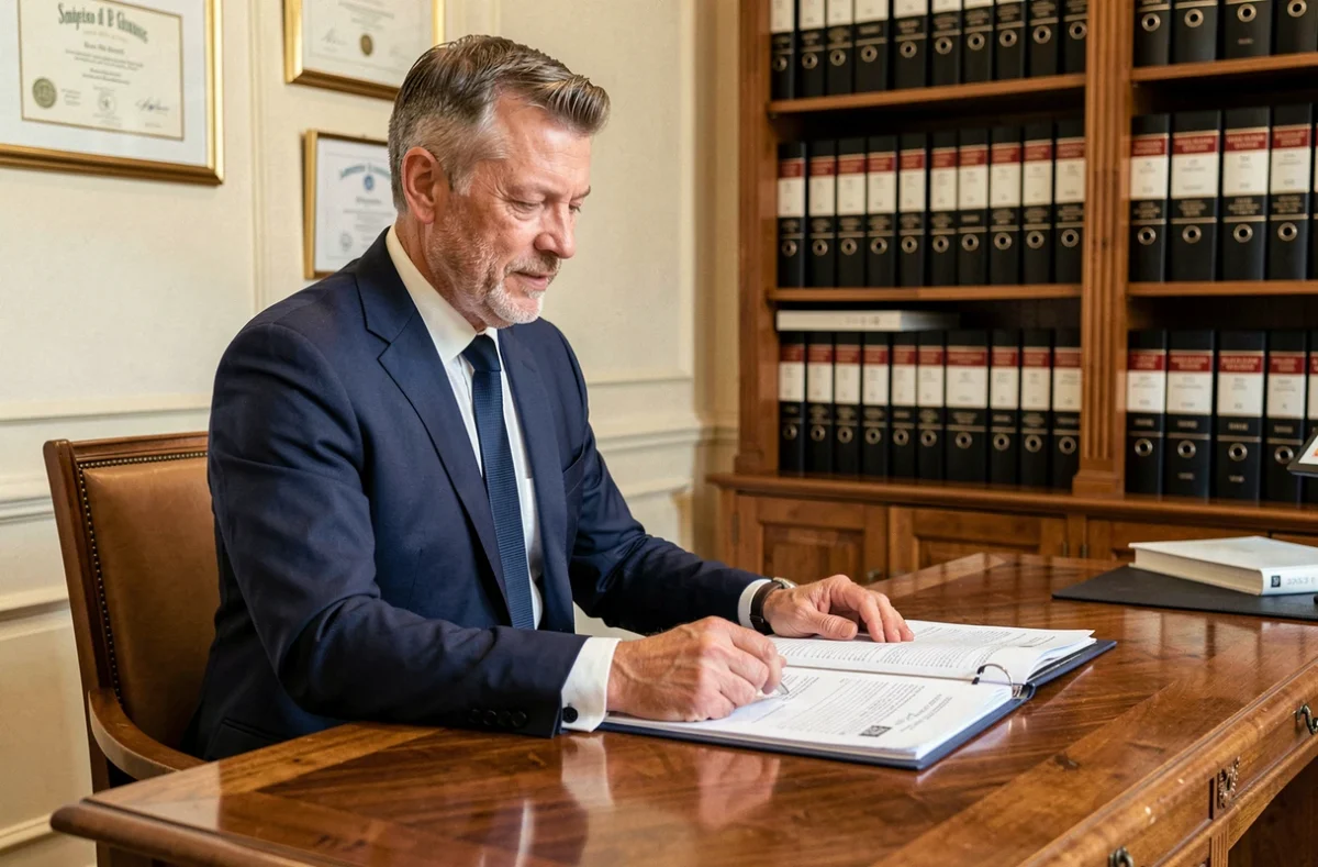 Courtier du Cabinet Nivet-Carzon examinant un dossier d'assurance dans un bureau classique parisien