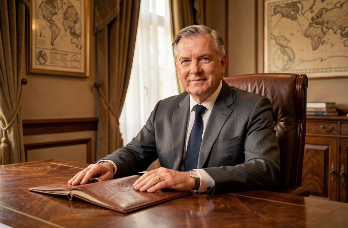 Directeur du Cabinet Piketty dans un bureau traditionnel élégant avec des dossiers de courtage