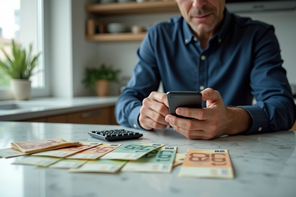 Homme calculant la conversion de francs suisses en euros avec un smartphone sur un comptoir en marbre